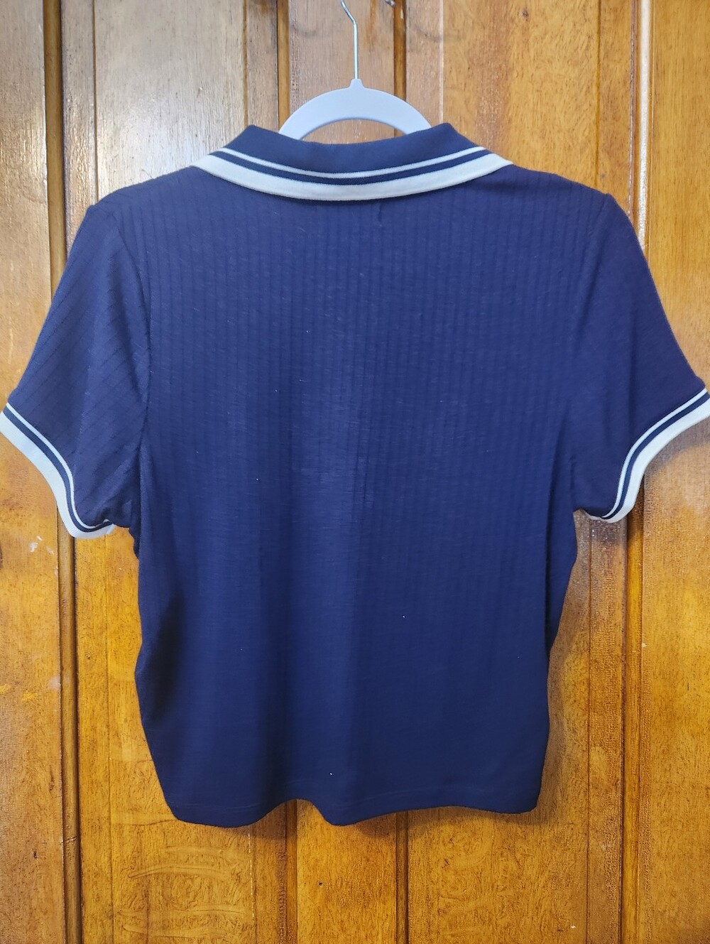 Navy Ribbed Collared Short-Sleeve Top - Picture 2 of 3